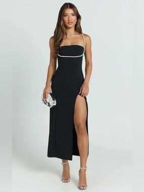 Showpo Sharley Diamante Strap Black Midi Dress Slit Cocktail Gown 8